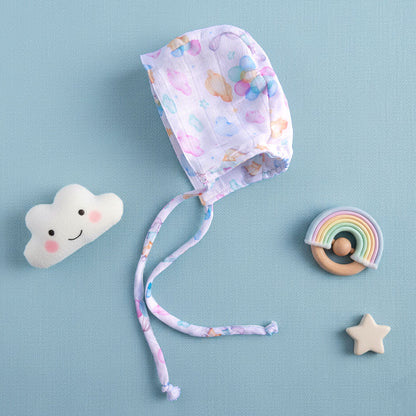 Muslin Printed White Baby Bonnet - Bunny with Balloons