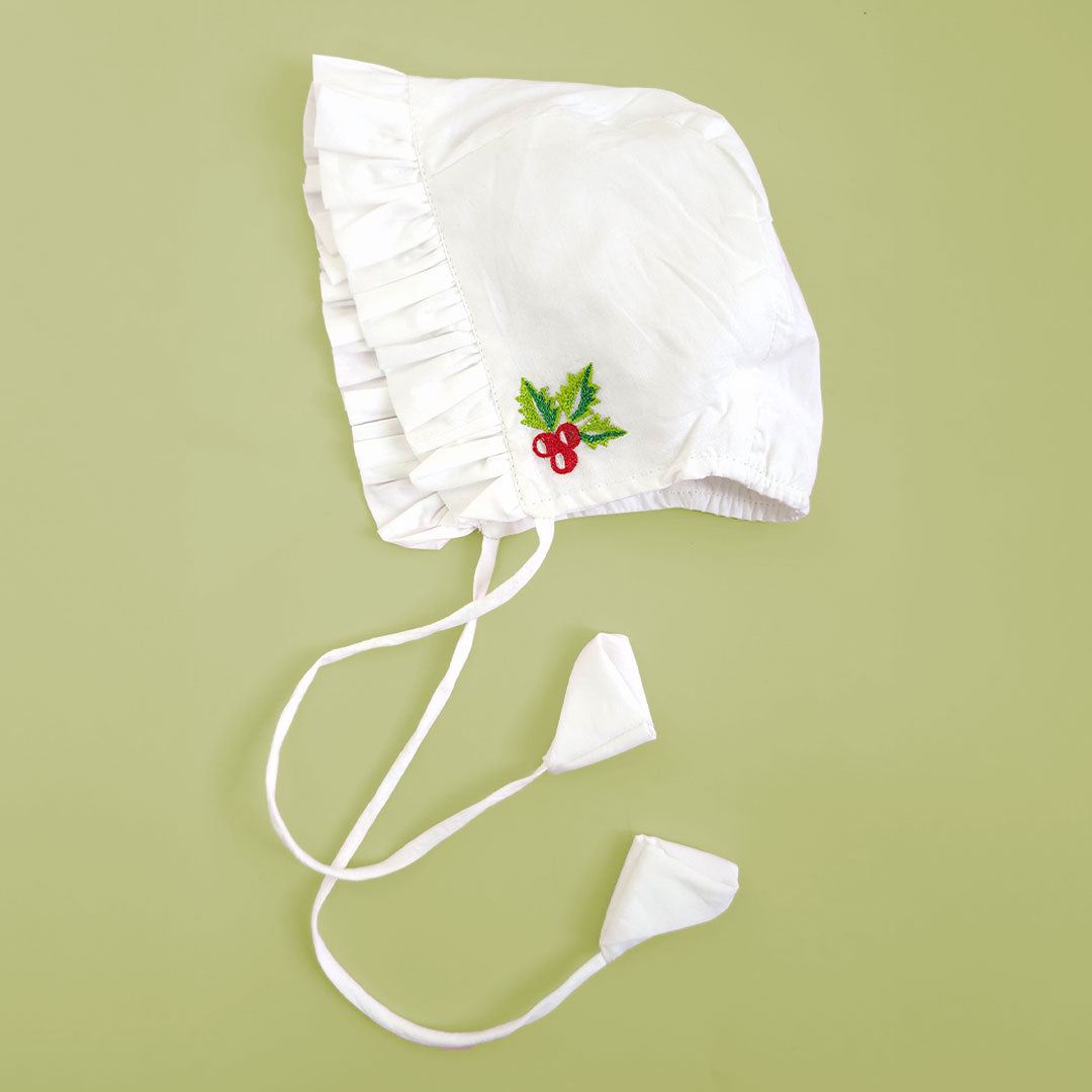 Keebee Organic Cotton Embroidered White Ruffled Baby Bonnet - Merry Holly