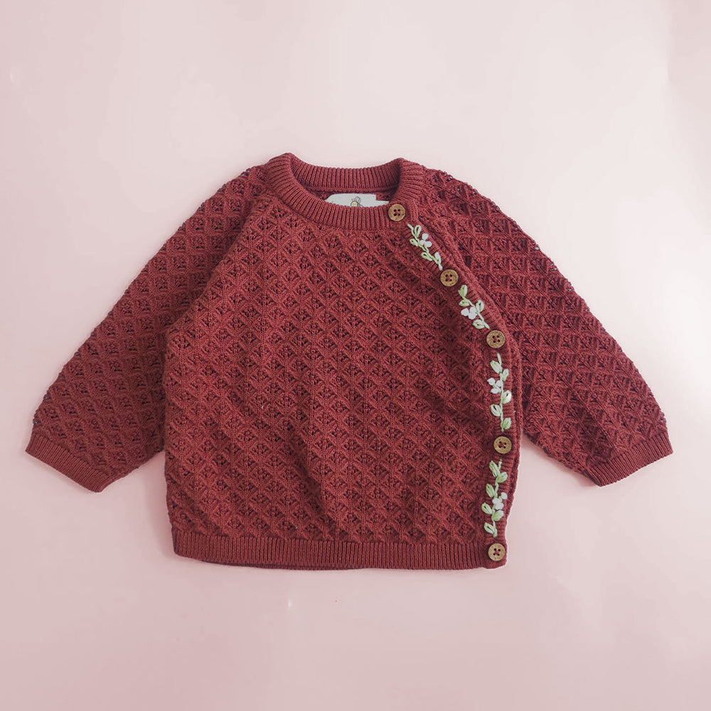 Coffee Brown Hand Embroidered Wrap Style Double Layer Sweater - Floral Hug
