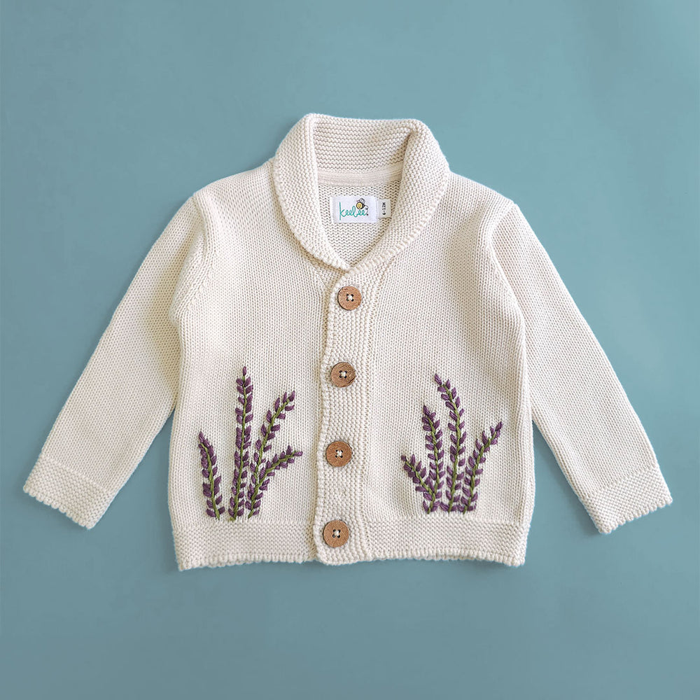 Hand Embroidered White Cardigan - Winter Lavender