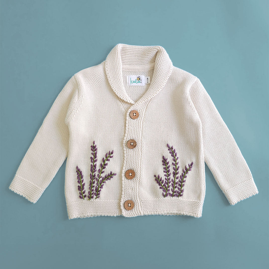 Keebee Organic Cotton Hand Embroidered White Cardigan - Winter Lavender