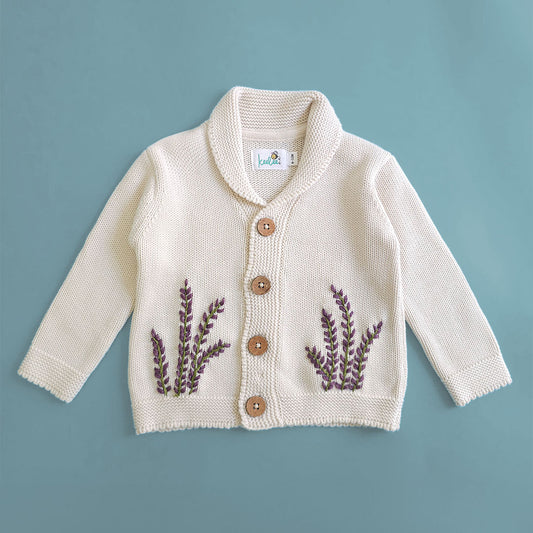 Keebee Organic Cotton Hand Embroidered White Cardigan - Winter Lavender