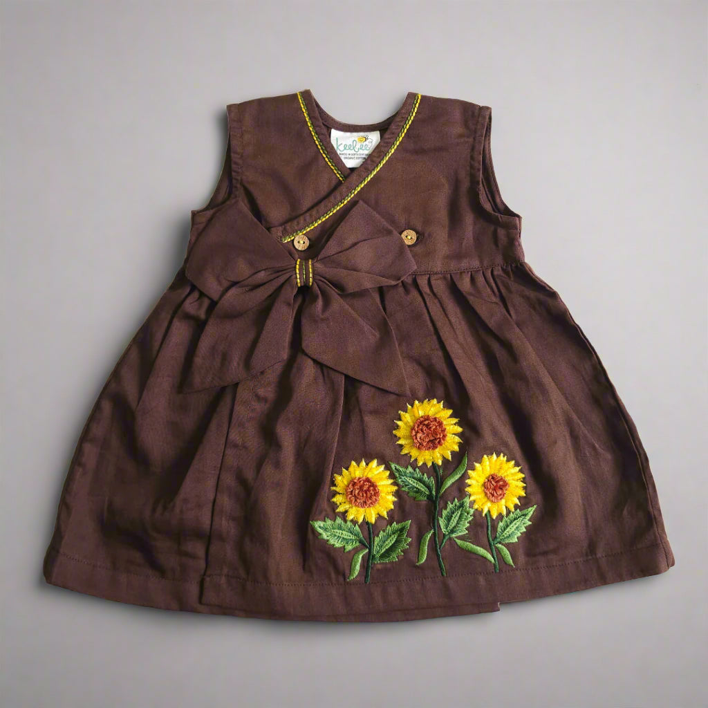 Keebee Organic Cotton Embroidered Girls Brown Overlap Dress - Sunflowers