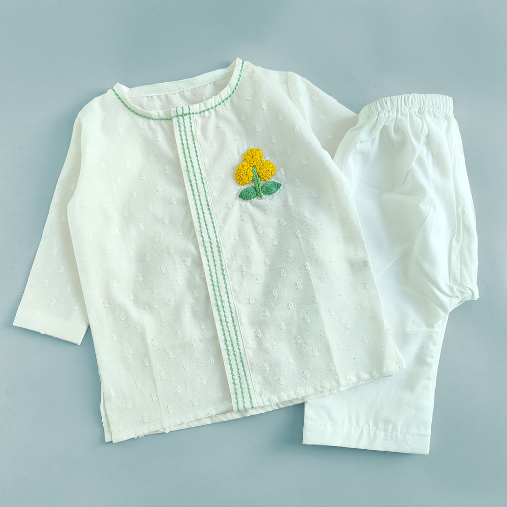 Newborn Baby Boy Embroidered White Kurta Set - Marigold