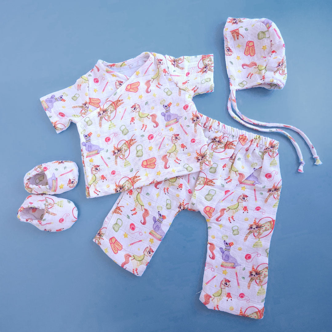 Keebee Organic Cotton Muslin Printed White Jabla, Diaper Pants and Accessories Set - Circus Crew