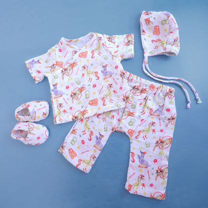 Muslin Printed White Jabla, Diaper Pants and Accessories Set - Circus Crew