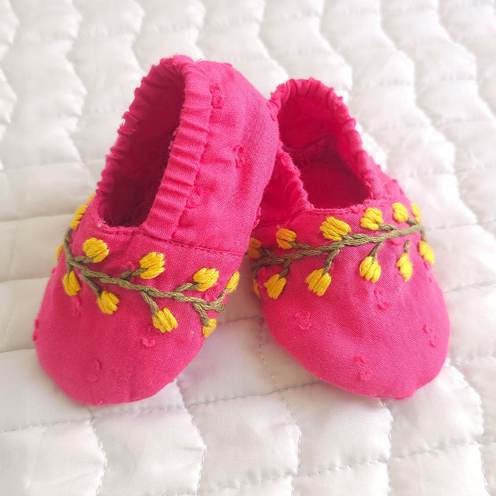 Hot Pink Embroidered Baby Shoes - Yellow Flowers