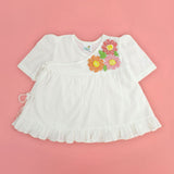 Embroidered White Puff Sleeve Wrap Dress - Flowers