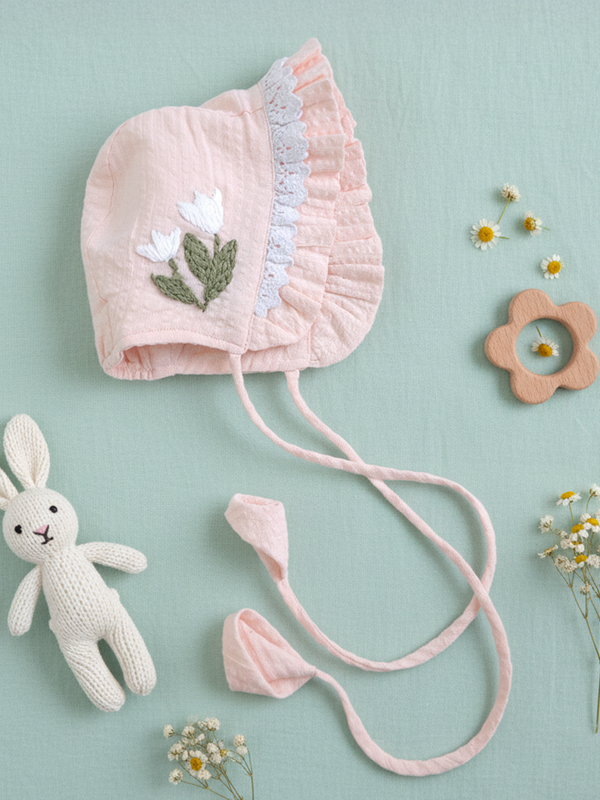 Sweet Peach Embroidered Baby Bonnet - White Lilly