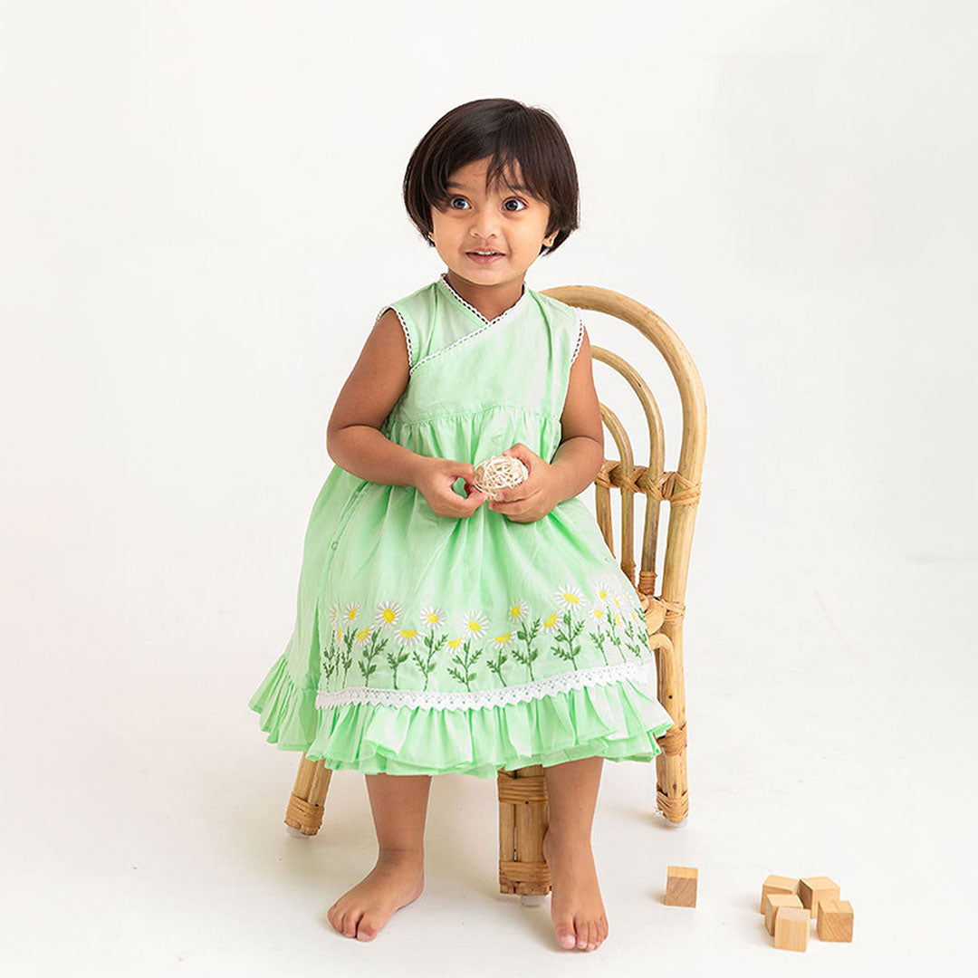 Keebee Organic Cotton Embroidered Baby Girl Mint Green Jabla/Wrap Style Dress - Daisy Field