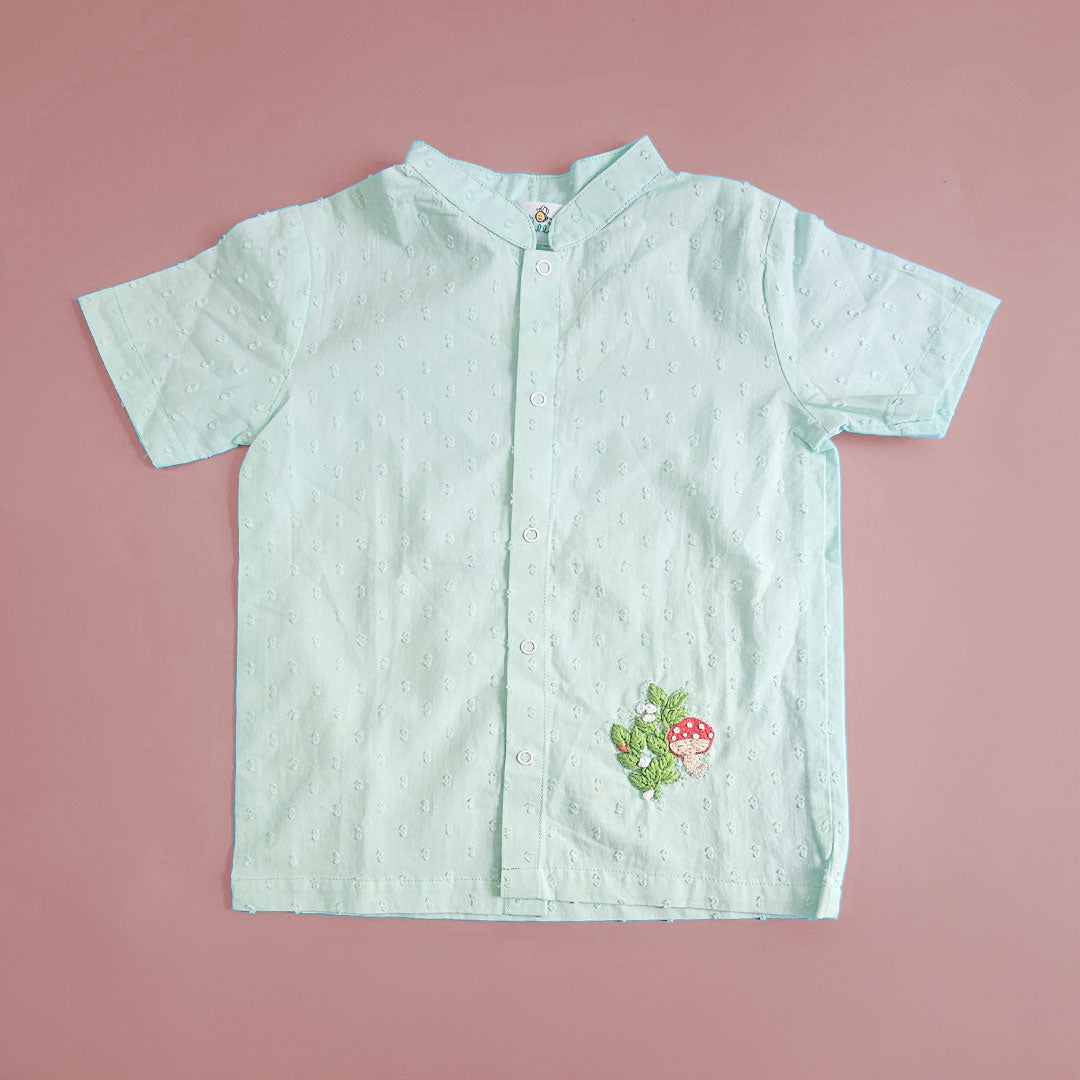Keebee Organic Cotton Aqua Embroidered Shirt- Mushrooms Patch