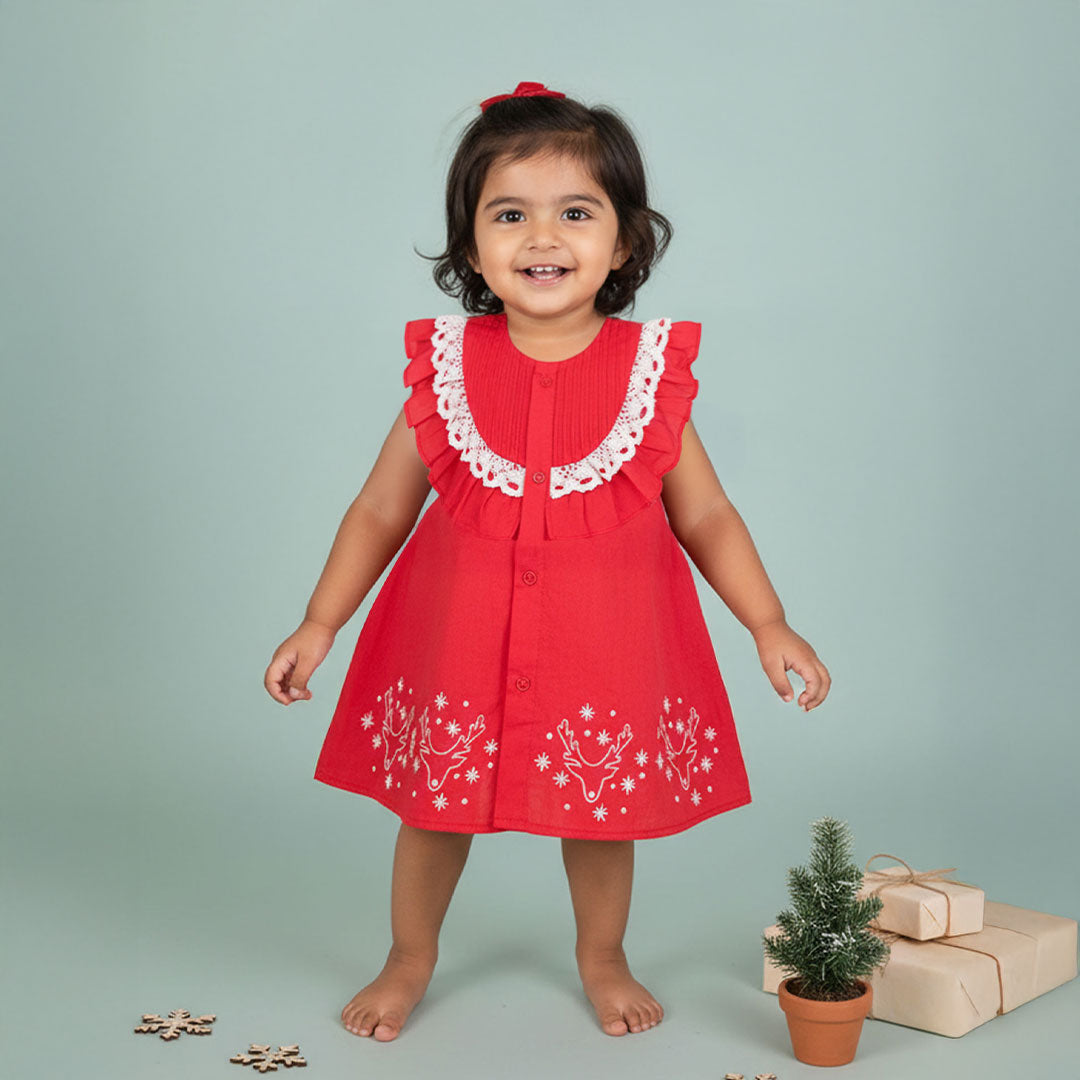 Keebee Organic Cotton Embroidered Baby Girl Red Button Up Dress - Reindeer