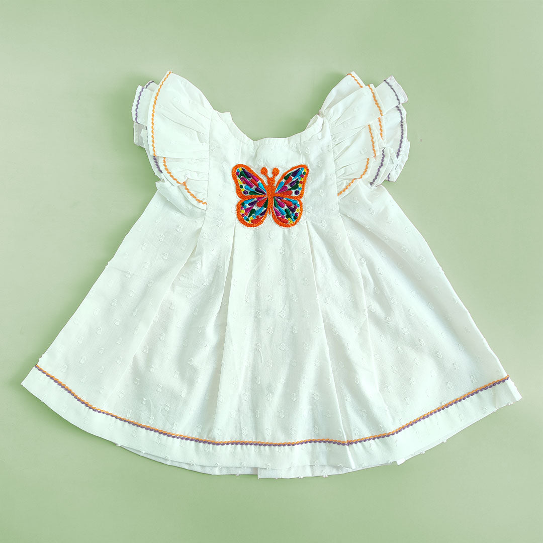 Keebee Organic Cotton Embroidered White Baby Girl Iris Dress - Butterfly