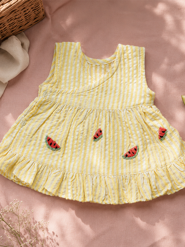 Newborn Baby Girl Embroidered Yellow and White Wrap Dress - Sweet Watermelons