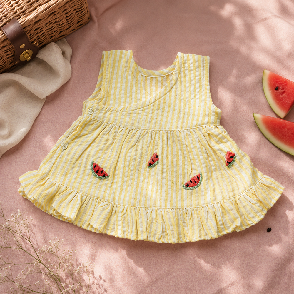 Newborn Baby Girl Embroidered Yellow and White Wrap Dress - Sweet Watermelons