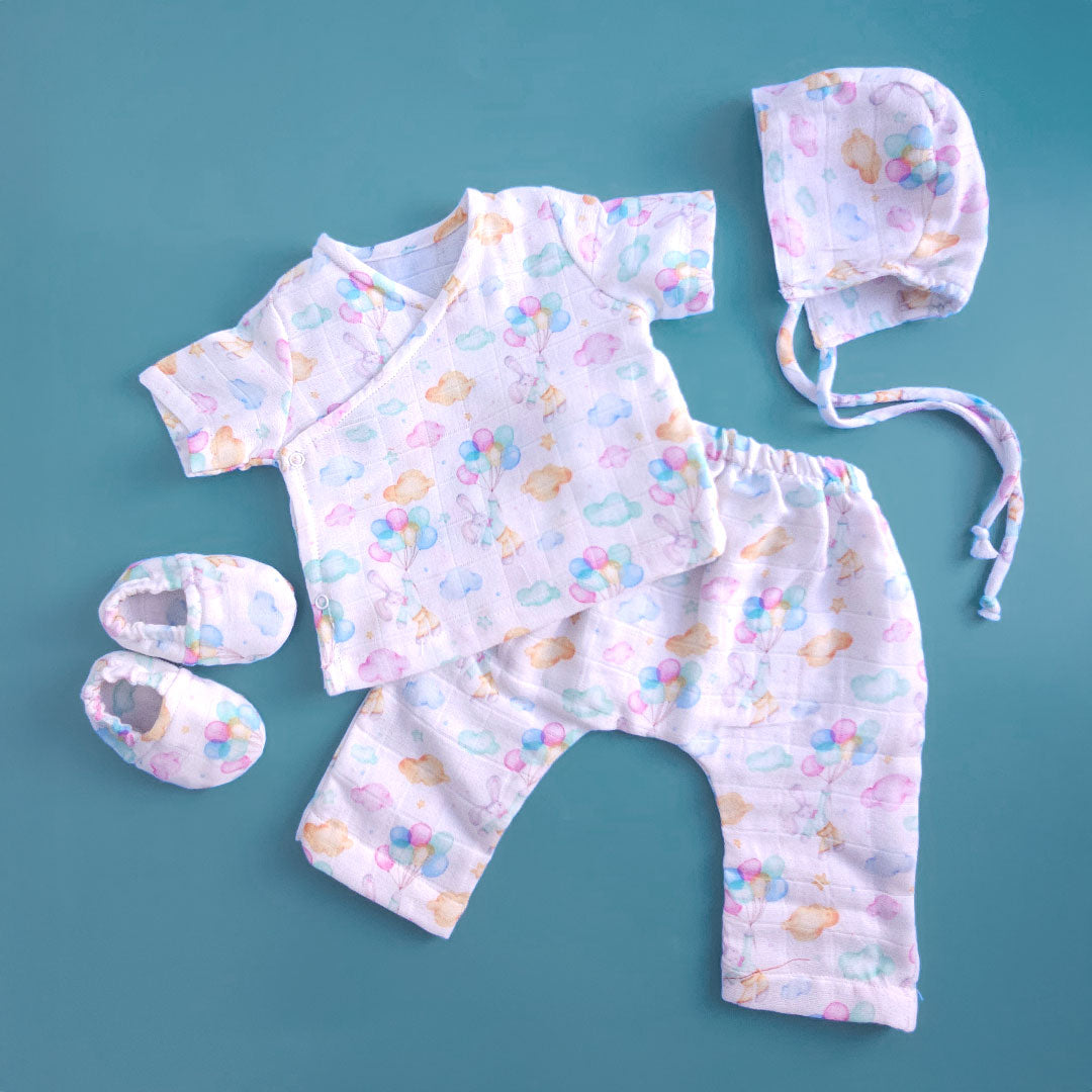 Keebee Organic Cotton Muslin Printed White Jabla, Diaper Pants and Accessories Set - Bunny with Balloons