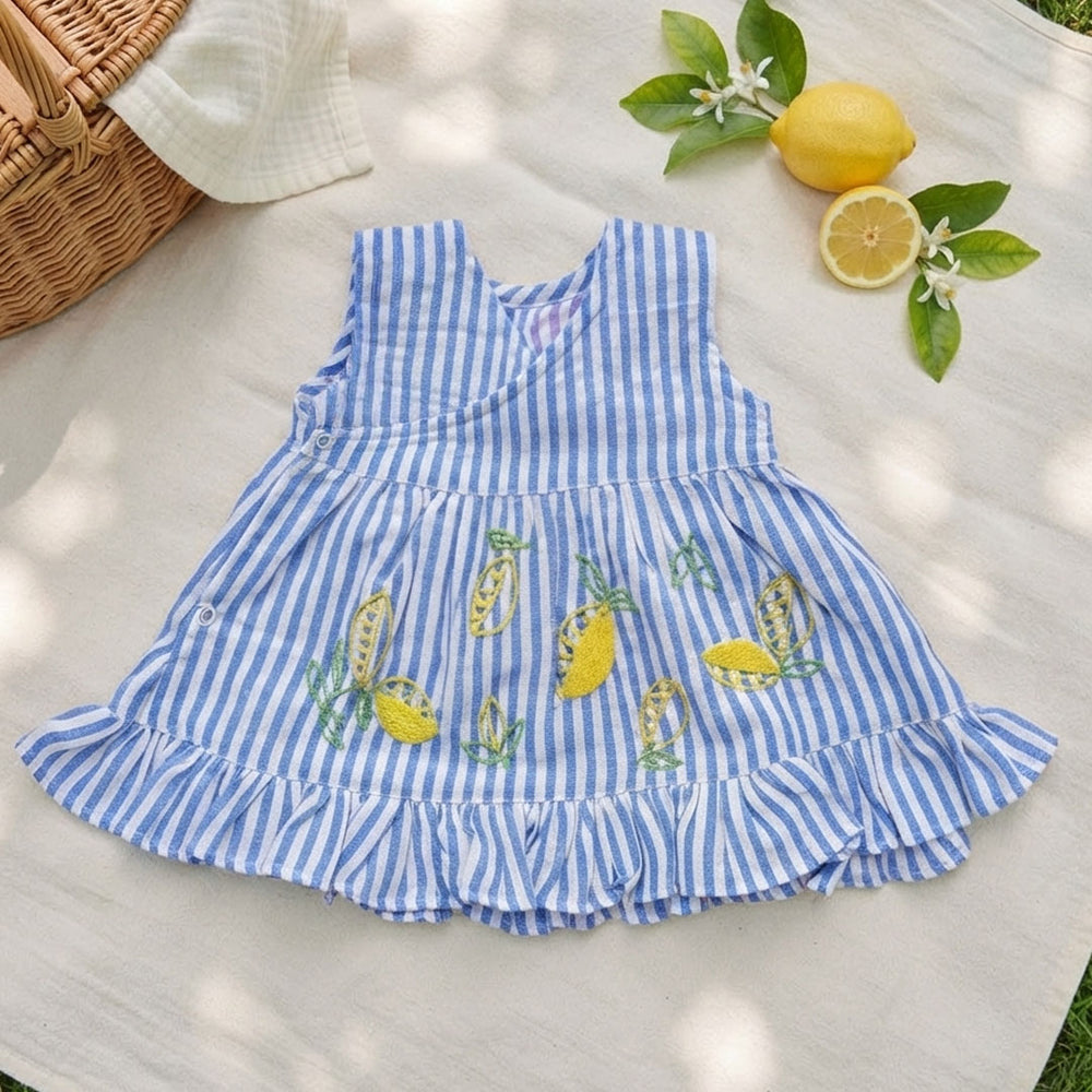 Baby Girl Embroidered Blue and White Wrap Dress and Accessories Set - Lemons and Leaves