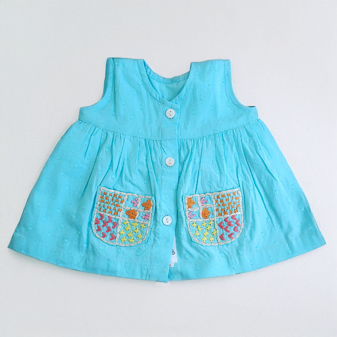Keebee Organic Cotton Embroidered Newborn Baby Girl Turquoise Blue Button Up Dress - Pockets