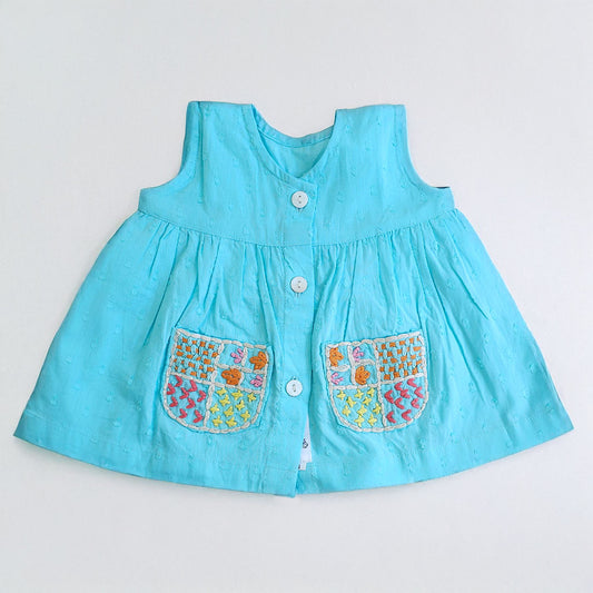 Keebee Organic Cotton Embroidered Newborn Baby Girl Turquoise Blue Button Up Dress - Pockets