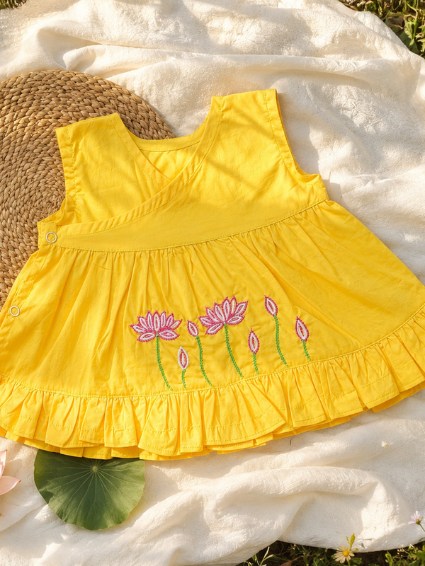 Newborn Baby Girl Embroidered Yellow Wrap Dress - Lotus Pond
