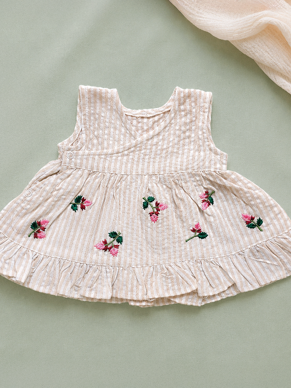 Newborn Baby Girl Embroidered Beige and White Wrap Dress - Pink Bloom