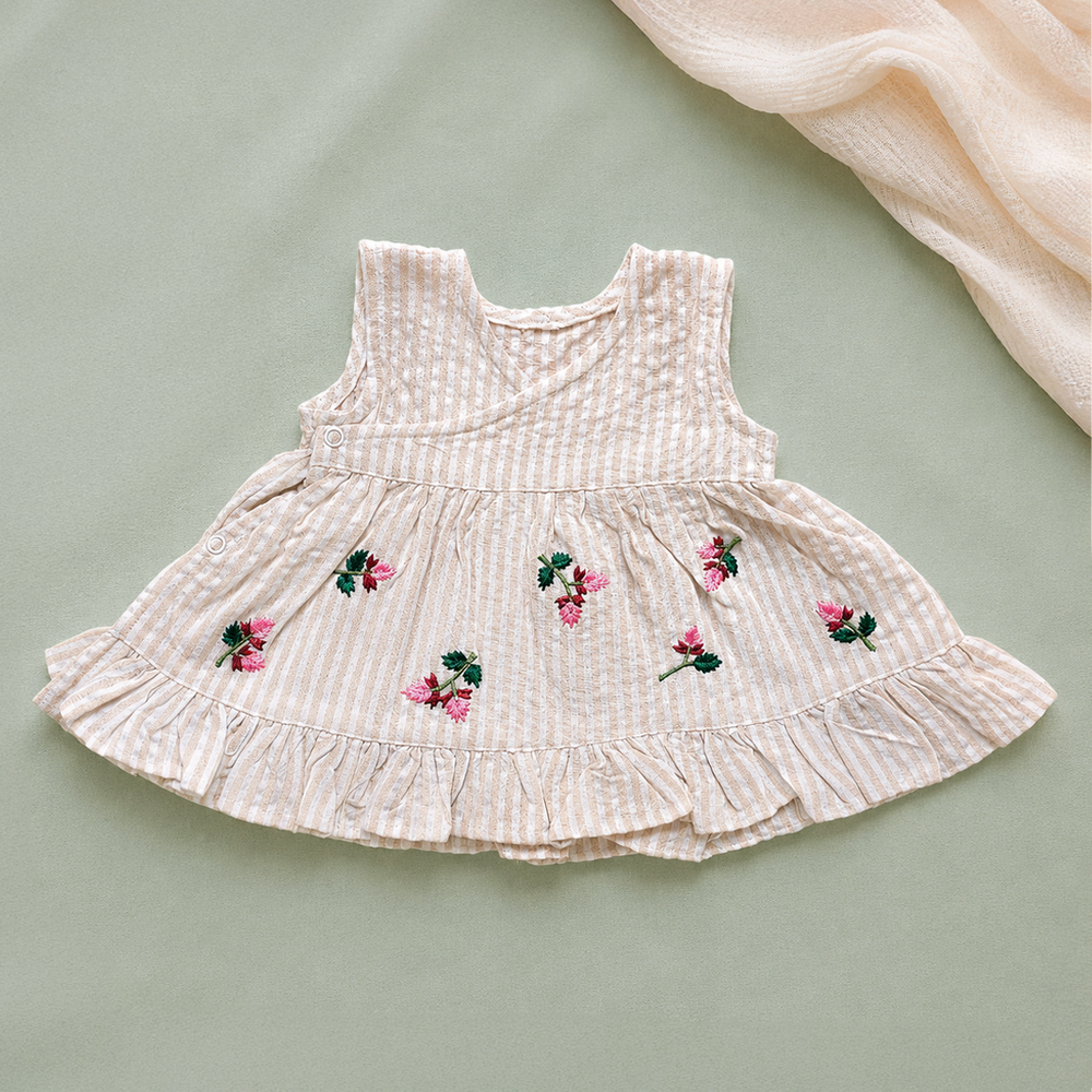 Newborn Baby Girl Embroidered Beige and White Wrap Dress - Pink Bloom