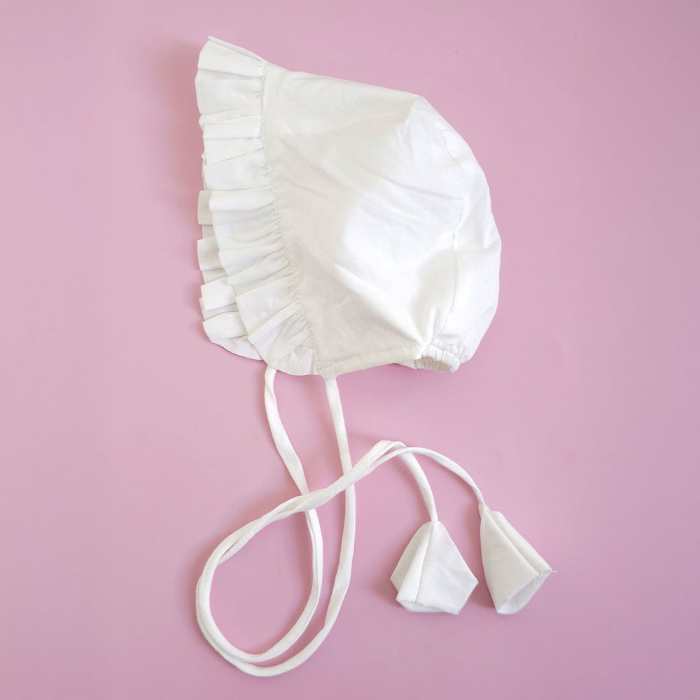 Solid Baby Bonnet with Ruffles - White