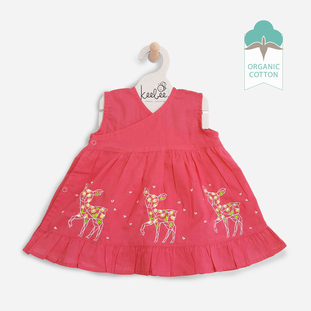 Organic Cotton Embroidered Girls Red Wrap Dress - Deers