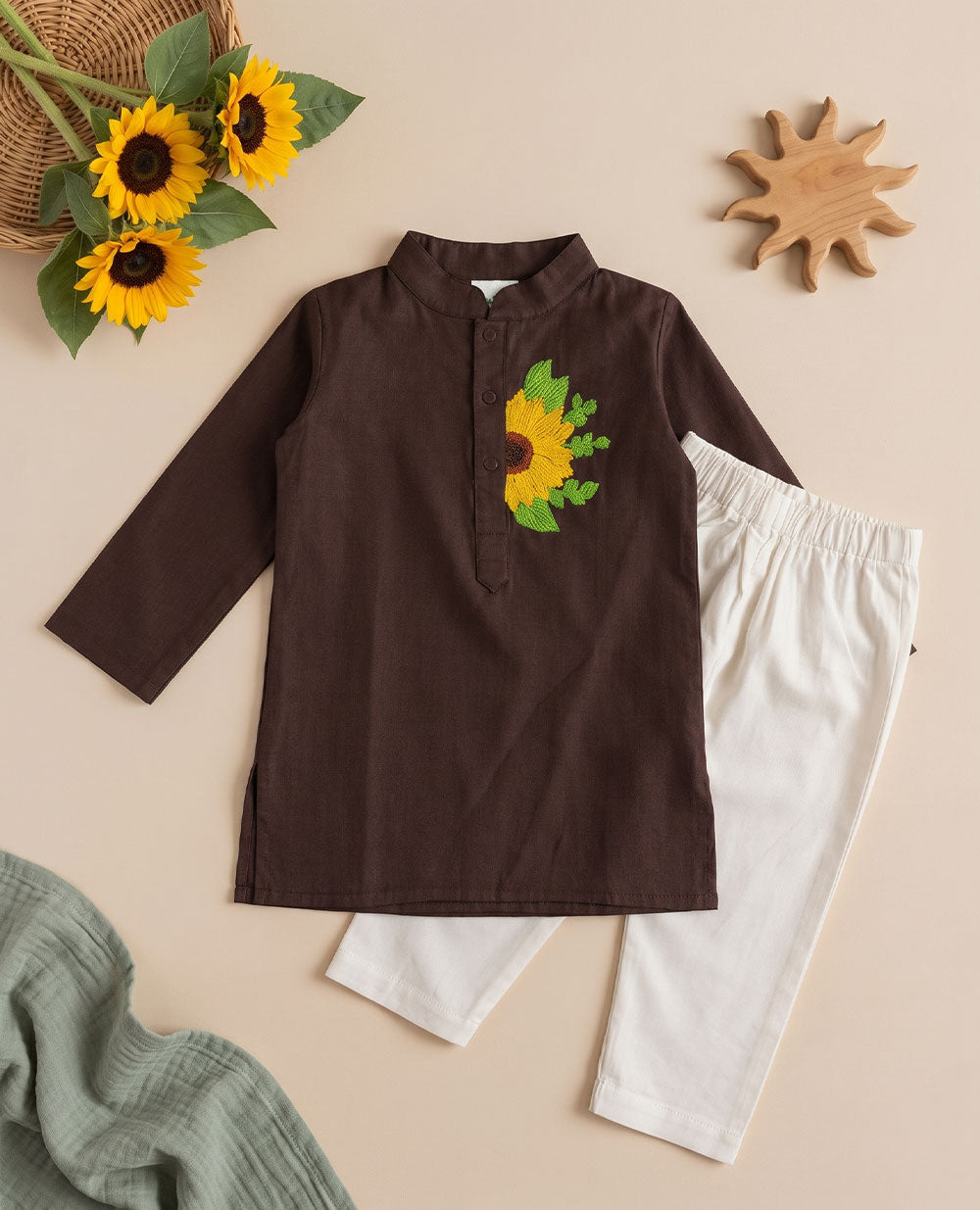Boys Embroidered Brown Kurta paired with Pajama Pants - Sunflower