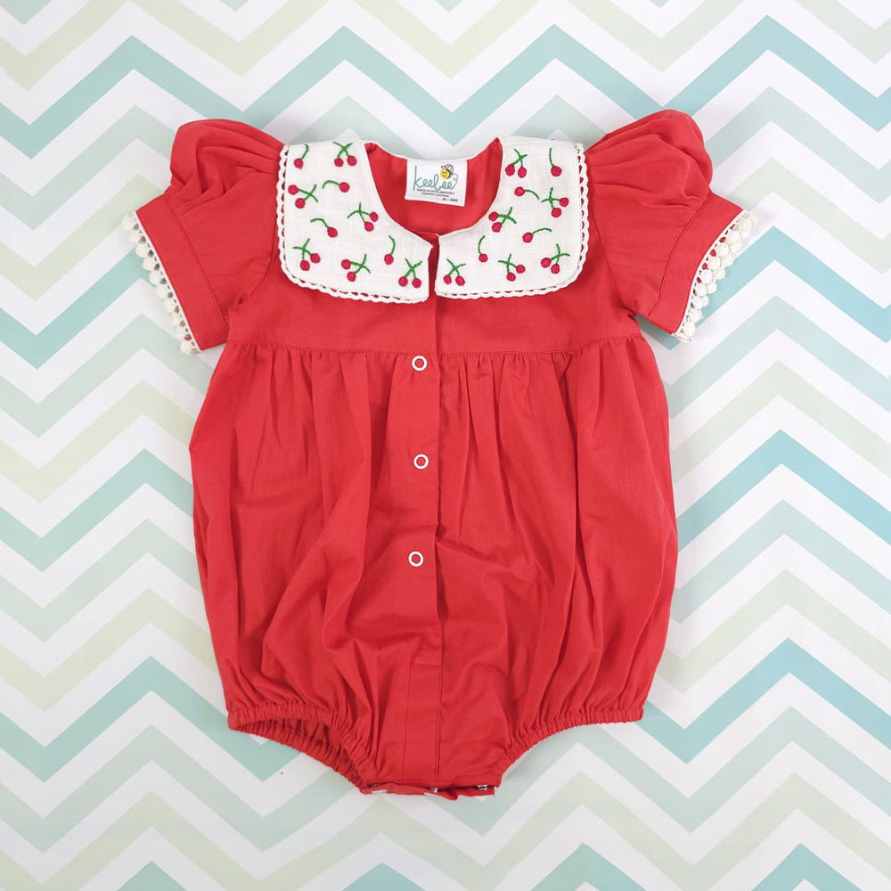 Puff Sleeve Laced Romper - Red Cherry