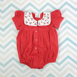 Puff Sleeve Laced Romper - Red Cherry