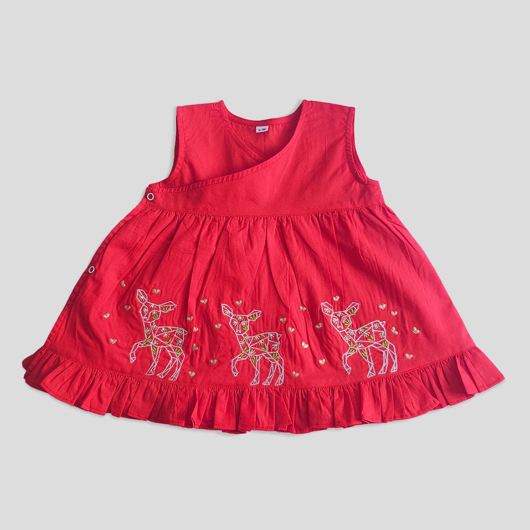 Keebee Organic Cotton Embroidered Red Wrap Dress / Jabla - Three Lil Deers