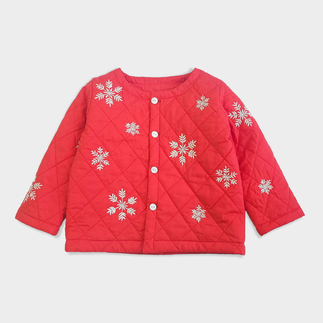 Keebee Organic Cotton Embroidered Red Button Up Quilted Jacket - Snowflakes