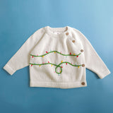 Hand Embroidered Holiday White Sweater - Twinkle Lights