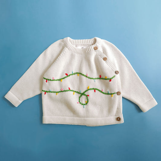 Keebee Organic Cotton Hand Embroidered Holiday White Sweater - Twinkle Lights