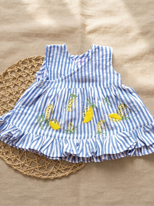 Newborn Baby Girl Embroidered Blue and White Wrap Dress - Lemons and Leaves