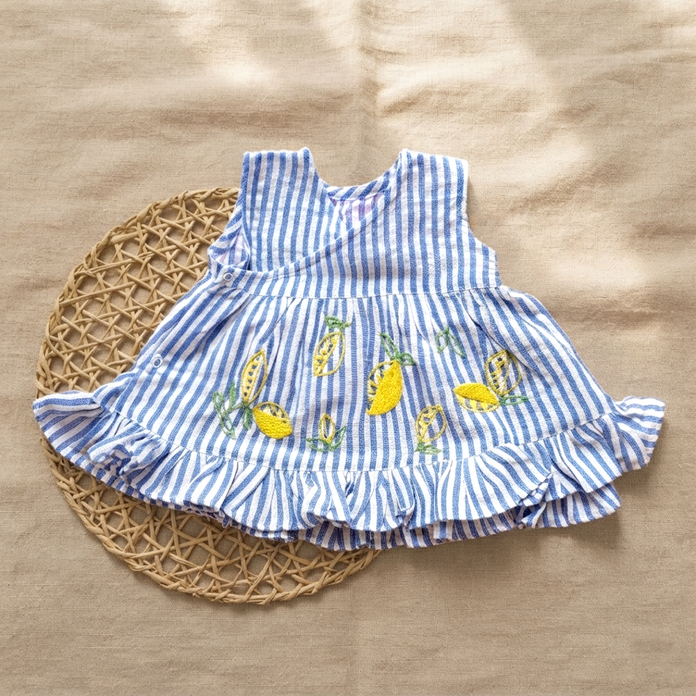 Newborn Baby Girl Embroidered Blue and White Wrap Dress - Lemons and Leaves