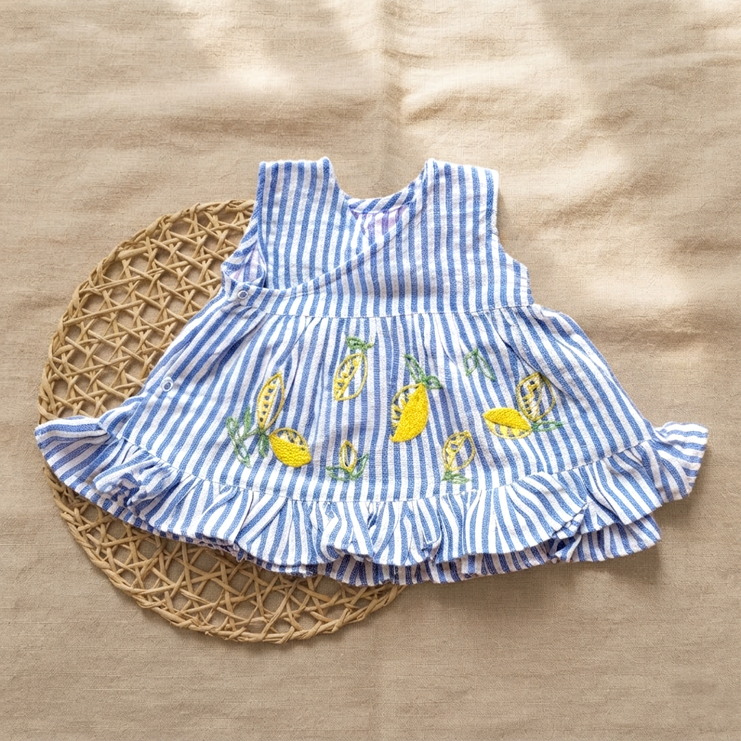 Newborn Baby Girl Embroidered Blue and White Wrap Dress - Lemons and Leaves