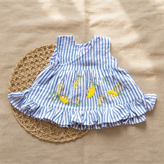 Embroidered Newborn Blue and White Wrap Dress - Lemons and Leaves