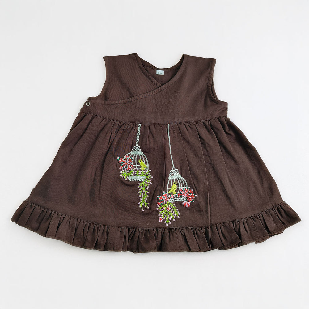 Baby Girl Embroidered Choco Brown Wrap Dress - Birdcage Garden