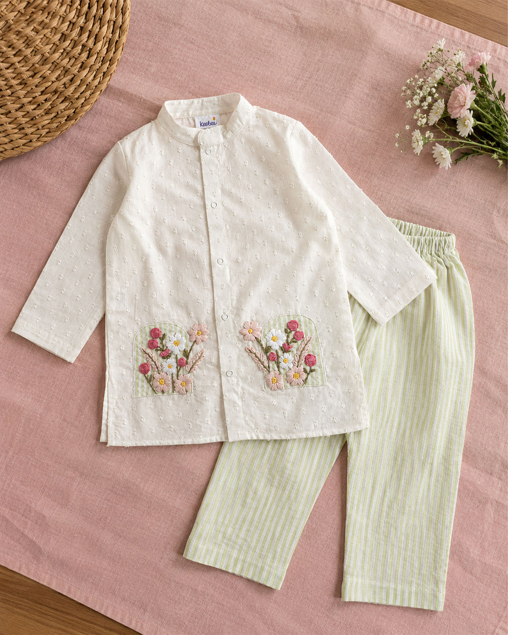 Boys White and Green Embroidered Kurta and Pajama Pants Set - Bloom in Window