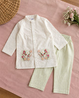 Boys White and Green Embroidered Kurta and Pajama Pants Set - Bloom in Window