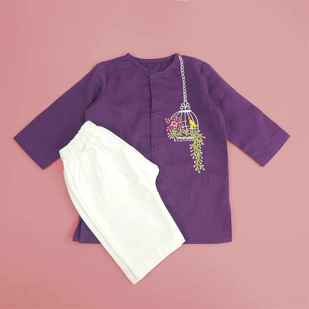 Keebee Organic Cotton Newborn Boys Purple Kurta Set - Birdcage Garden
