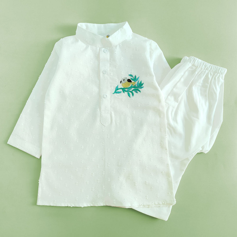 Boys Embroidered White Kurta paired with Pajama Pants - Birdsong