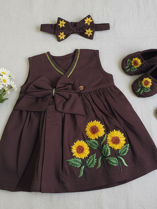 Embroidered Choco Brown Overlap Dress and Accessories Set - Sunflower Garden