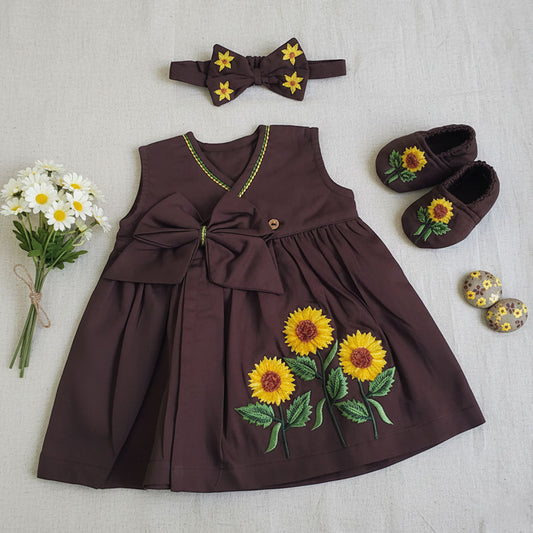Keebee Organic Cotton Baby Girl Embroidered Choco Brown Overlap Dress and Accessories Set - Sunflower Garden
