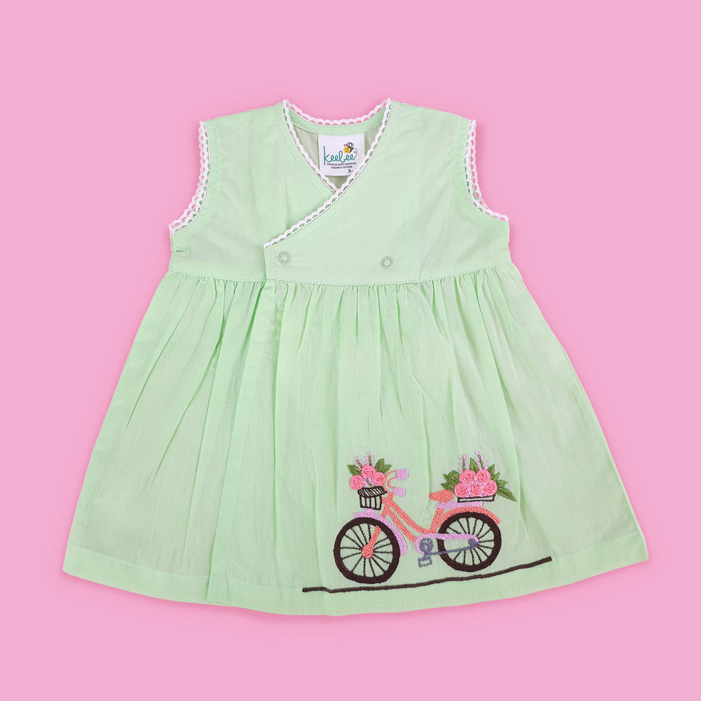 Keebee Organic Cotton Embroidered Green Overlap Dress - Bicycle