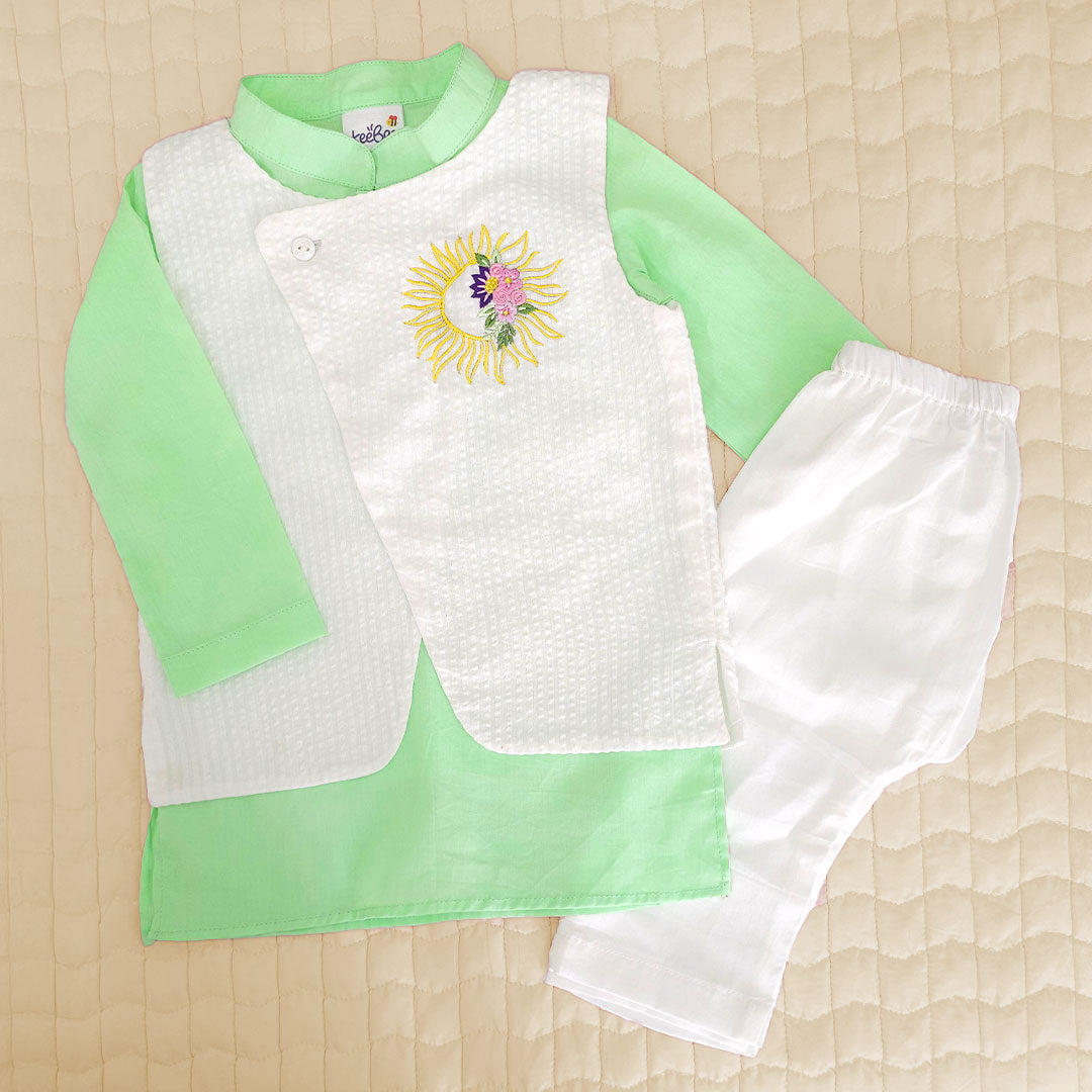 Keebee Organic Cotton Sun Embroidered Jacket Kurta and White Pajama Pants Set - Mint Green