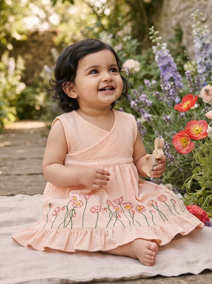 Baby Girl Embroidered Sweet Peach Wrap Dress - Poppy Field