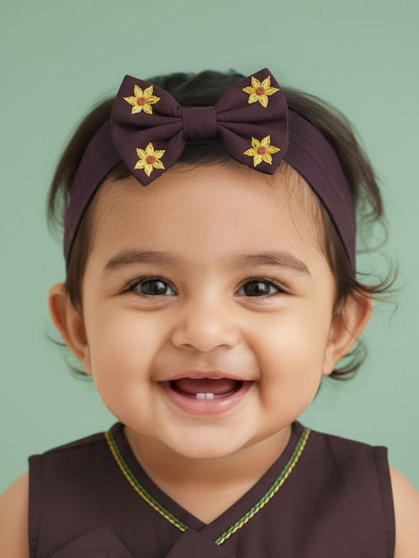 Choco Brown Embroidered Classic Bow Girls Headband - Sunflower